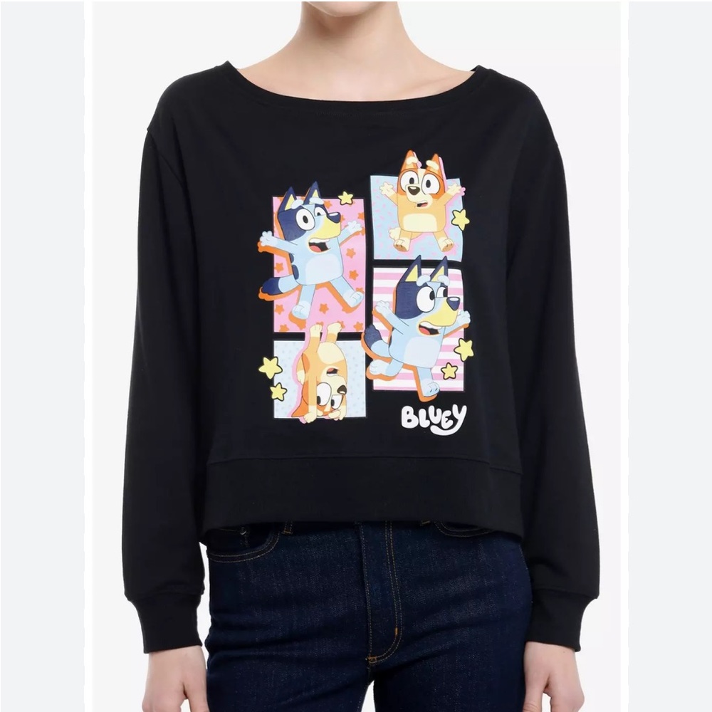 Bluey Bingo Boatneck Girls Sweatshirt - Hot Topic - Black long sleeve NWT XL